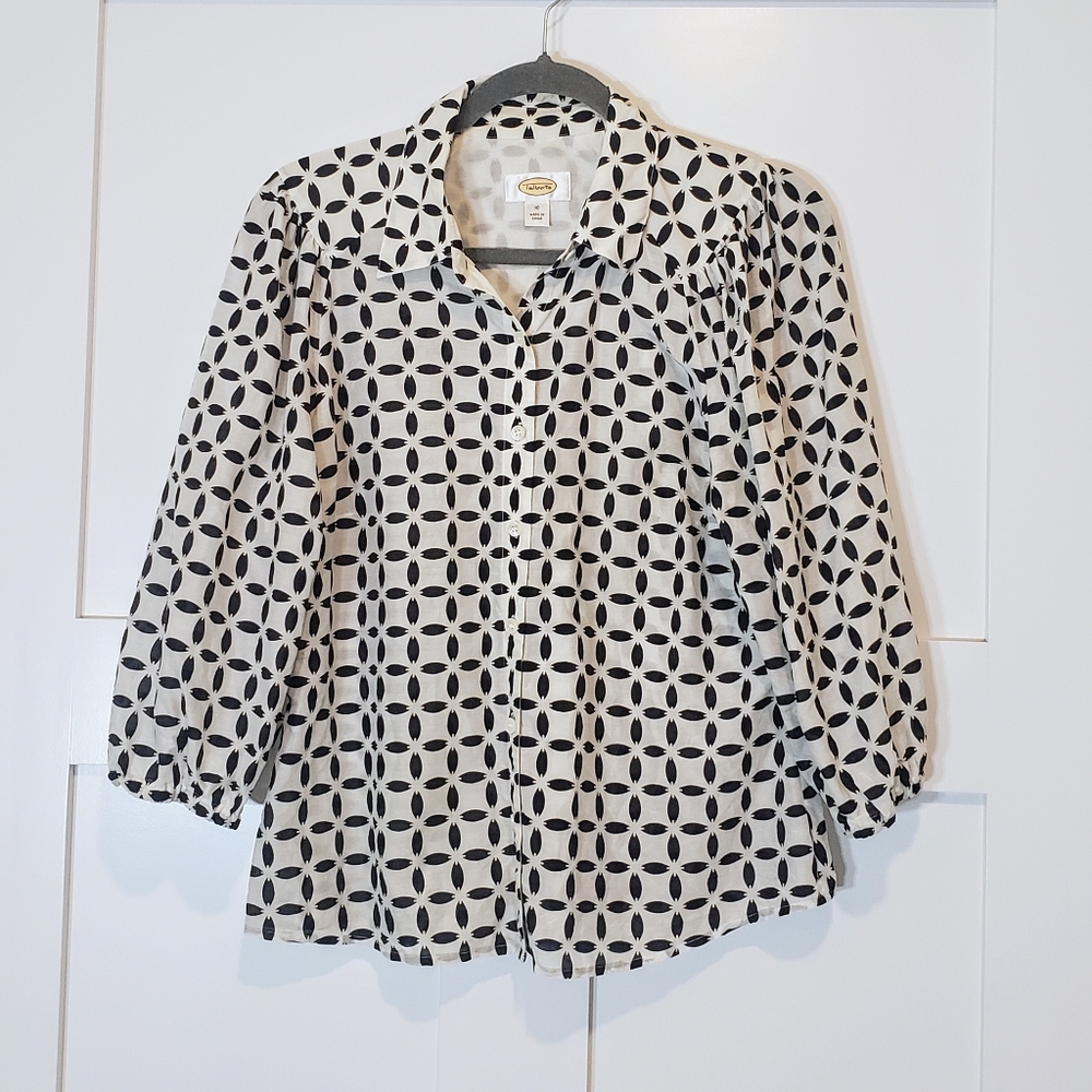 Talbots Silk Cotton Vintage Button Down Shirt Black & White Print Size 10